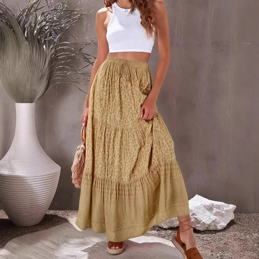 Madozo Women’s Leopard Floral Boho Maxi Skirt – High Waist Pleated Tassel Skirt