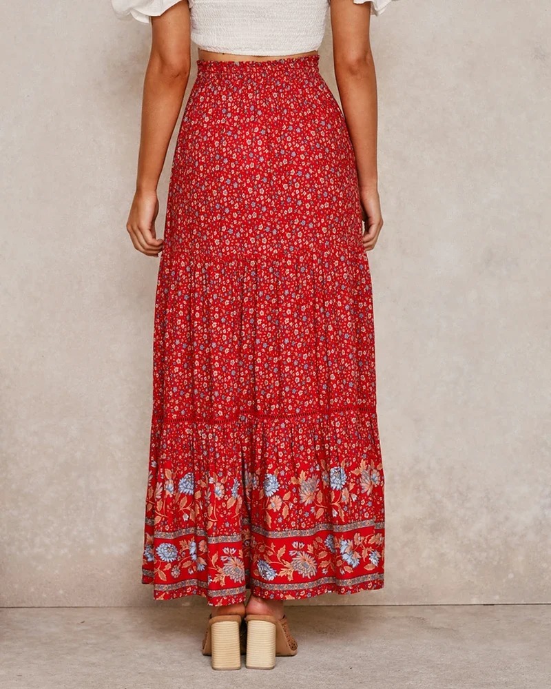 Beige Boho Floral Maxi Skirt for Women – High Elastic Waist & Lace-Up Detail | Summer Beach Skirt – Madozo