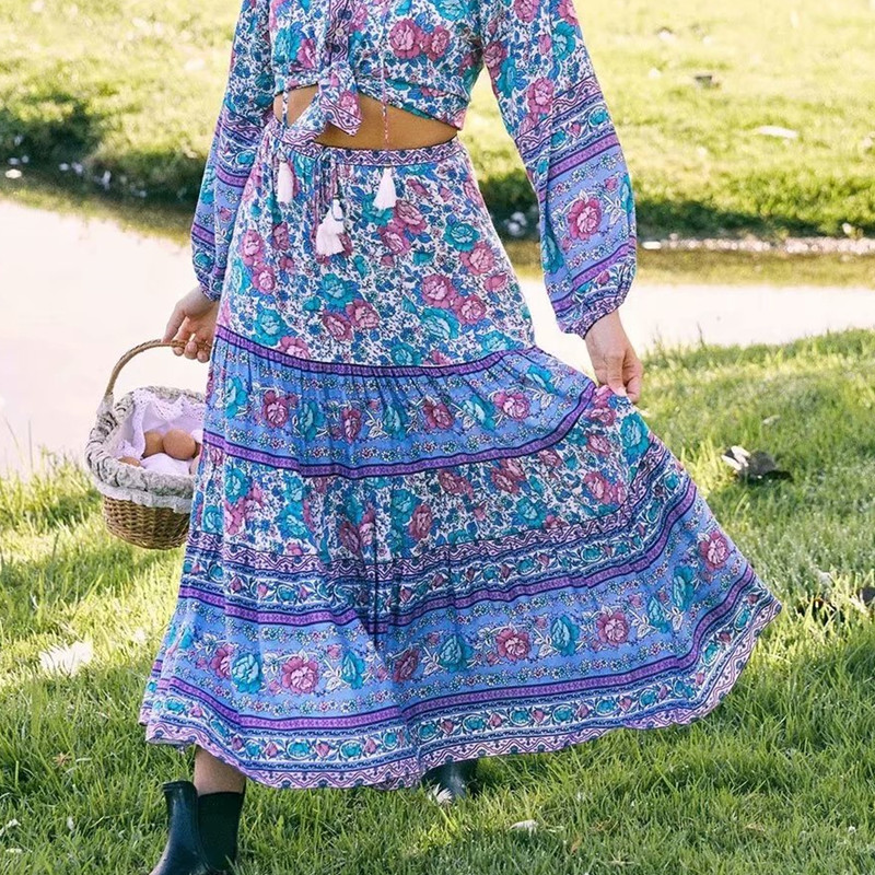 Bohemian Floral Print Long Skirt – Ruffle Hem & Tassel Waist | Hippie Summer Swing Skirt for Women – Madozo