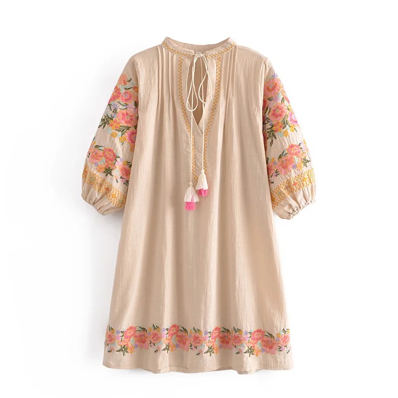 Bohemian Linen Cotton Mini Dress – V-Neck Floral Print Summer Beach Dress for Women