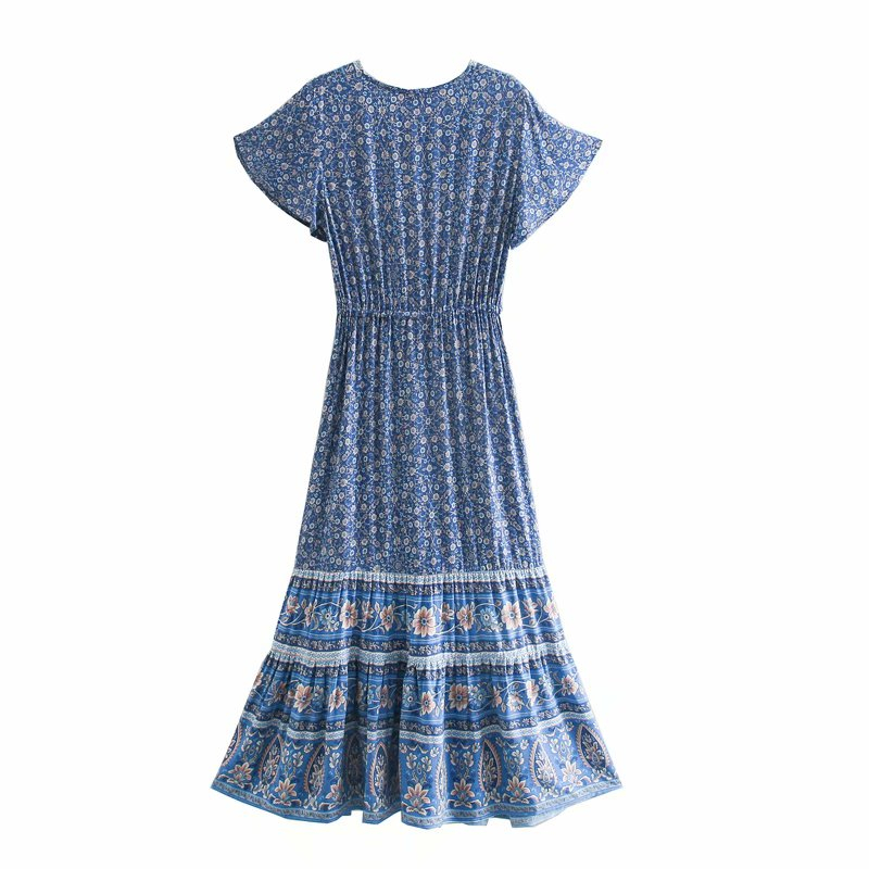 Bohemian Floral Maxi Dress – Deep V-Neck Beach Dress with Tassels | Summer Pleated Boho Vestido