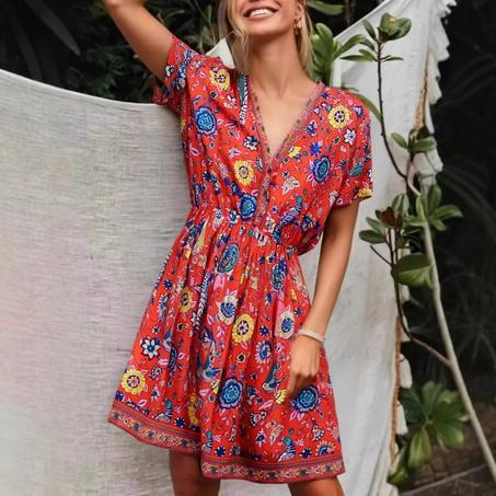 Bohemian Red Peacock Floral Mini Dress – V-Neck Tassel Summer Dress