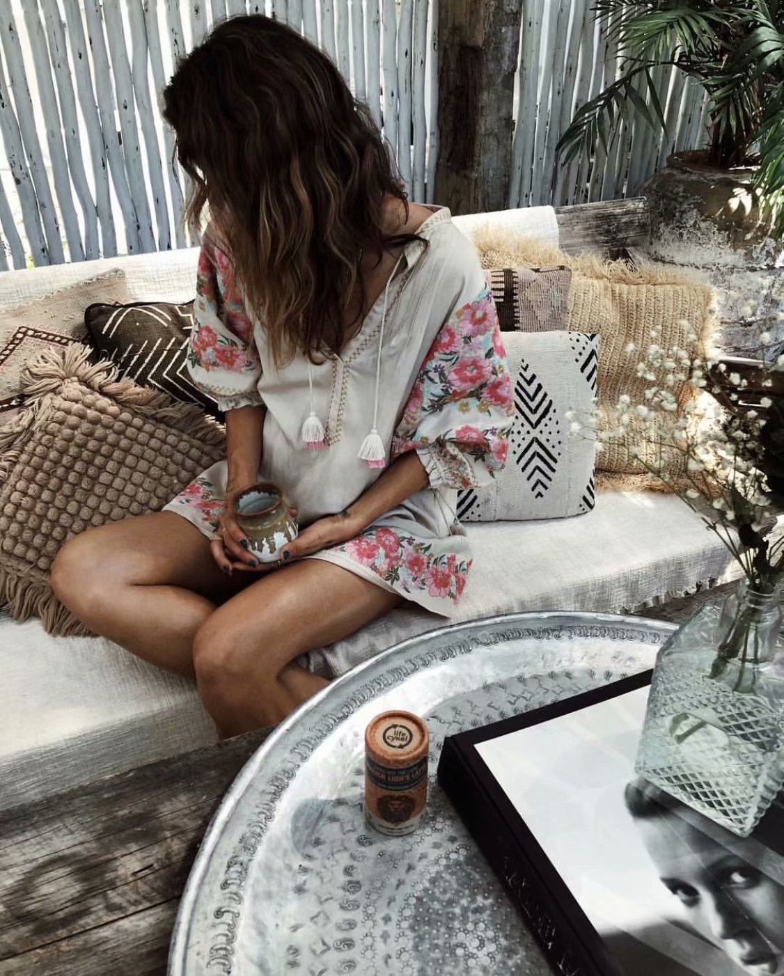 Bohemian Linen Cotton Mini Dress – V-Neck Floral Print Summer Beach Dress for Women