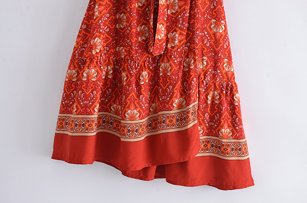 Boho Hippie Floral Wrap Mini Dress – V-Neck Sashes Summer Short Sleeve Dress