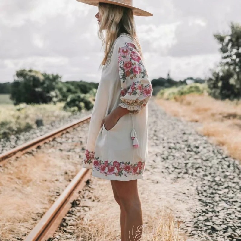 Bohemian Linen Cotton Mini Dress – V-Neck Floral Print Summer Beach Dress for Women