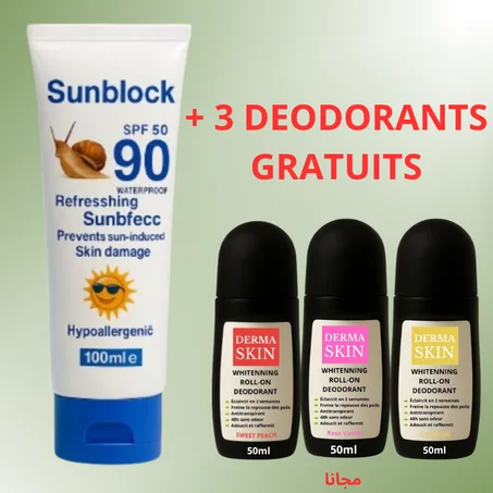DermaSkin Sunscreen Dry Touch + 3 Whitening Deodorant Roll On Offer 1+1+1 Free