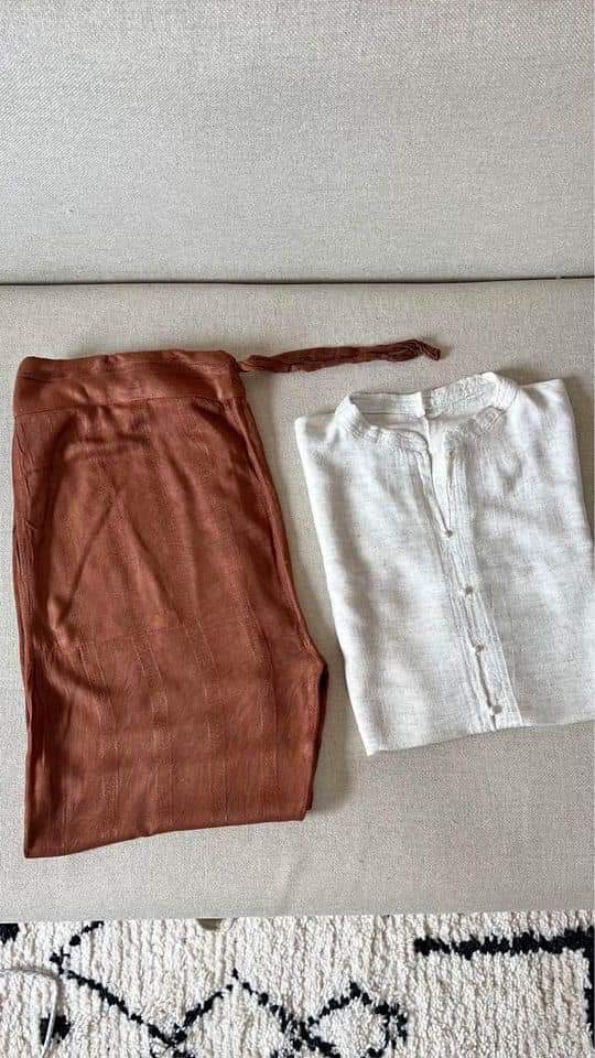 طقم كتان رجالي 100% (قميص + سروال)