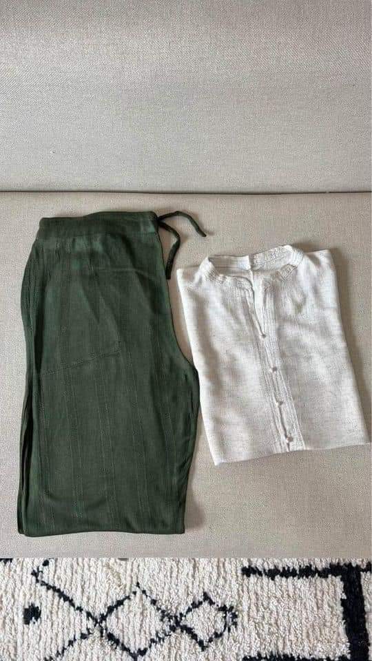 طقم كتان رجالي 100% (قميص + سروال)