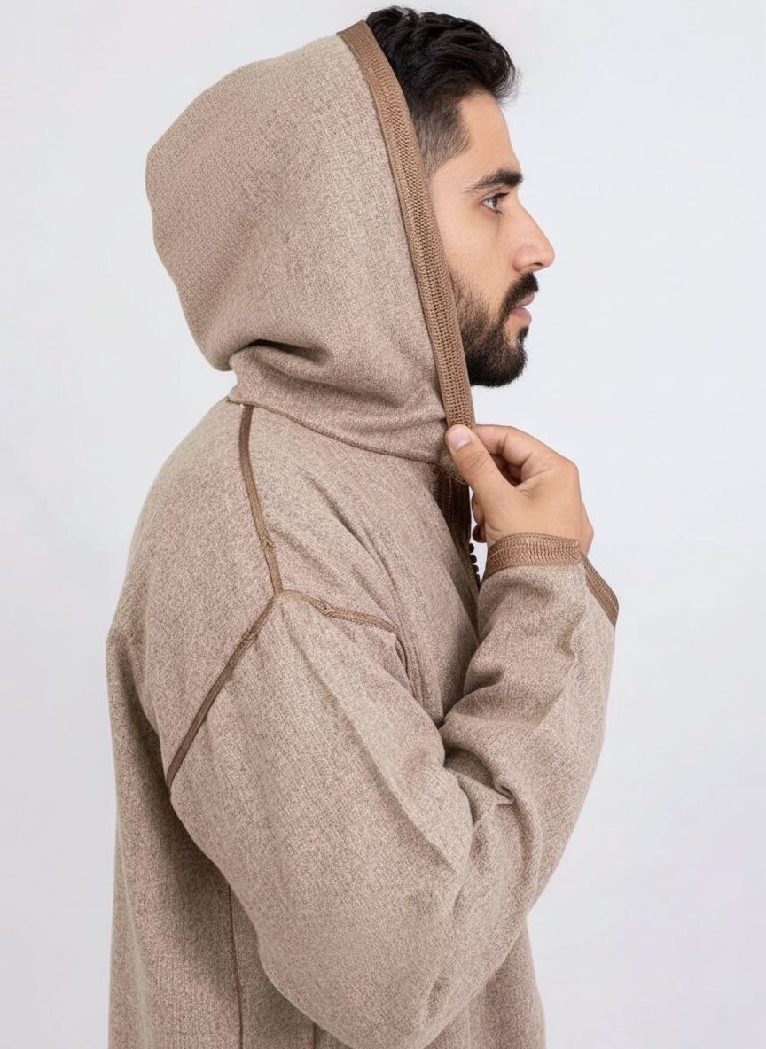 جلابة مغربية تقليدية للرجال من الصوف الطبيعي، تصميم طويل مع قبعة لدفء وأناقة الشتاء، صناعة يدوية فاخرة بمقاسات وألوان متعددة﻿