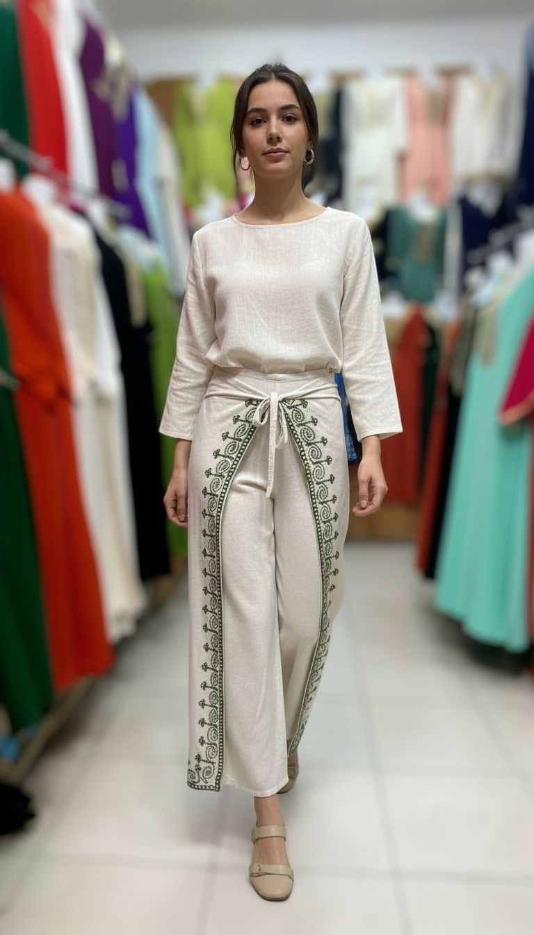 طقم كتان مغربي مطرز – تصميم عصري لبنطلون وتوب، مريح وملائم للجميع﻿