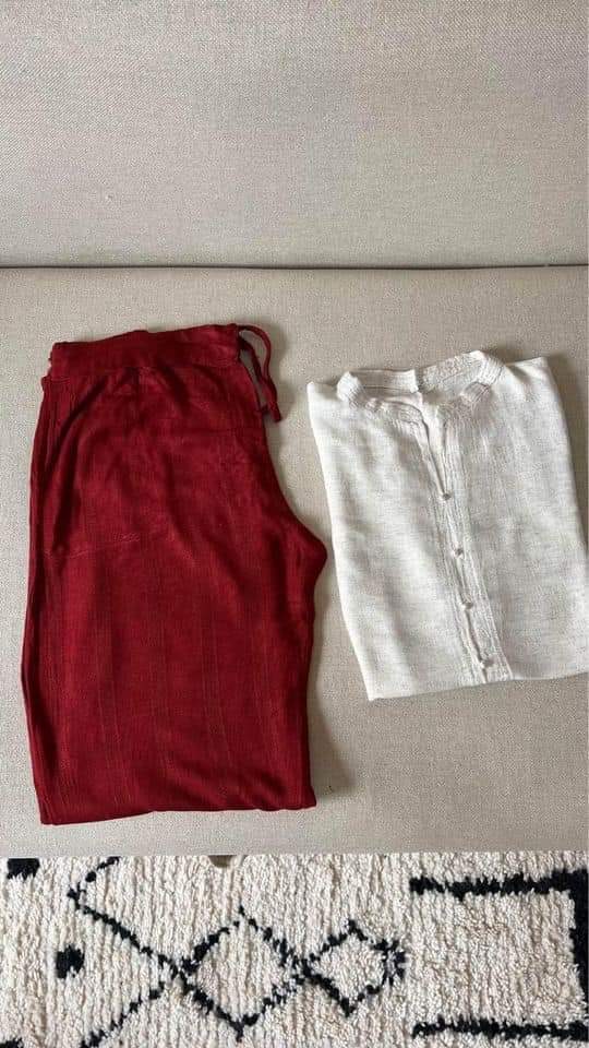 طقم كتان رجالي 100% (قميص + سروال)