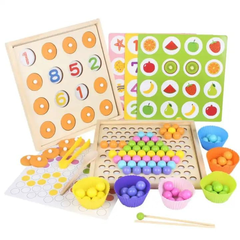 Plateau Montessori à perles et jeu de memoire 2 en 1