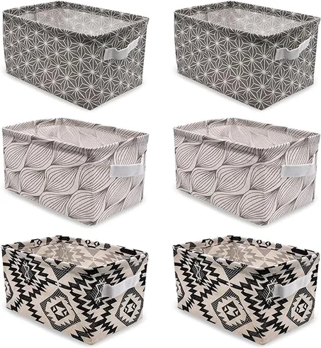 Owelth Petit Panier Rangement Tissu Lin, Lot de 6 Pliable Boite Rangement Tissu avec Poignées, Étanche Stockage Corbeille Panier pour Tiroir, Jouets, Maquillage, Salle de Bain, 28*19*15cm