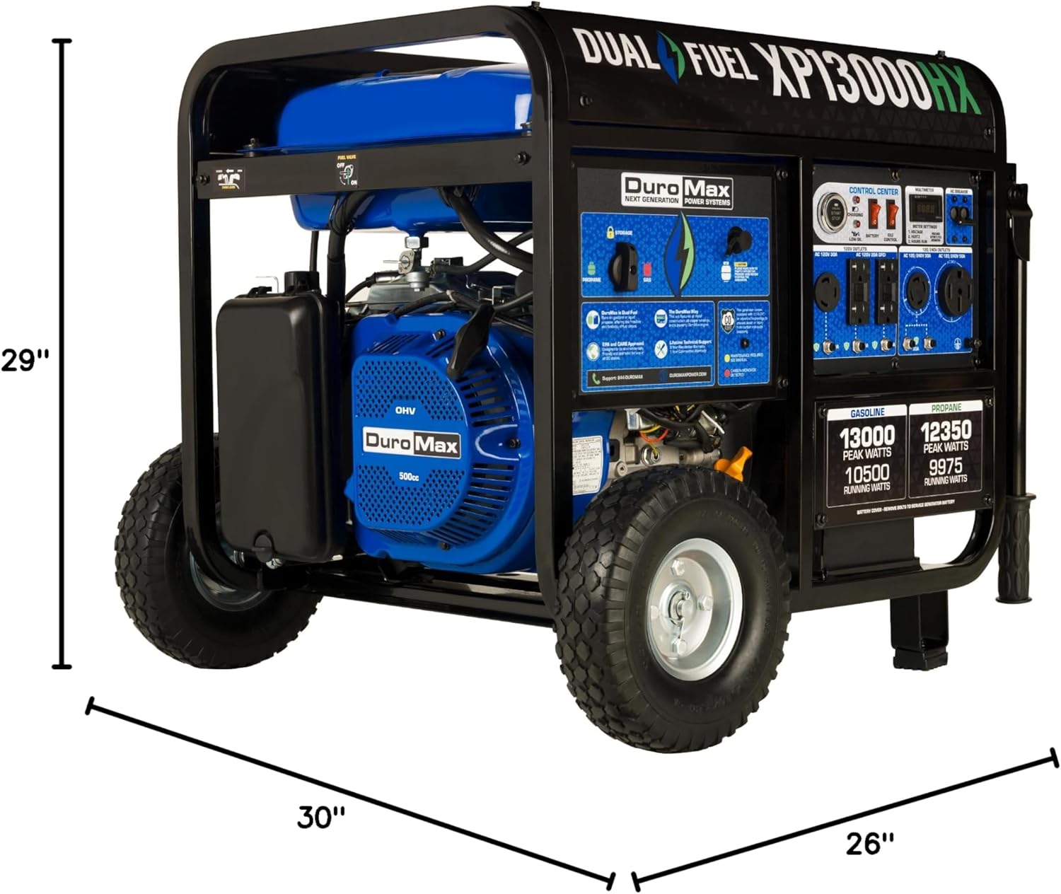 DuroMax XP13000HX Dual Fuel Portable Generator - 13000 Watt Gas or Propane Powered - Electric Start w/ CO Alert, 50 State Approved