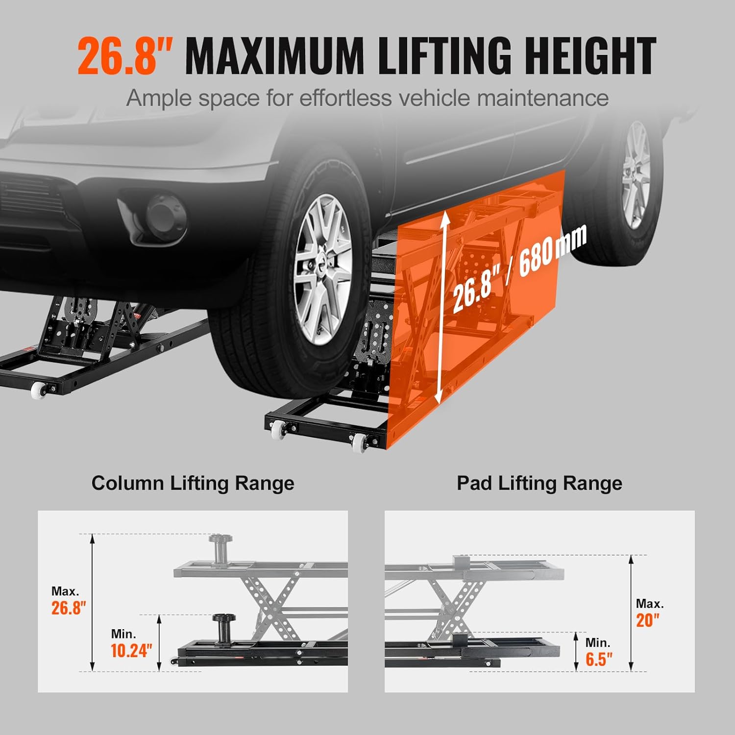 VEVOR Car Lift, 7,000 LBS  Portable Car Lift, 26.8" Max. Height, with Extended-Length Plates, Heavy-Duty Carbon Steel Truck Lift with 120V Power Unit