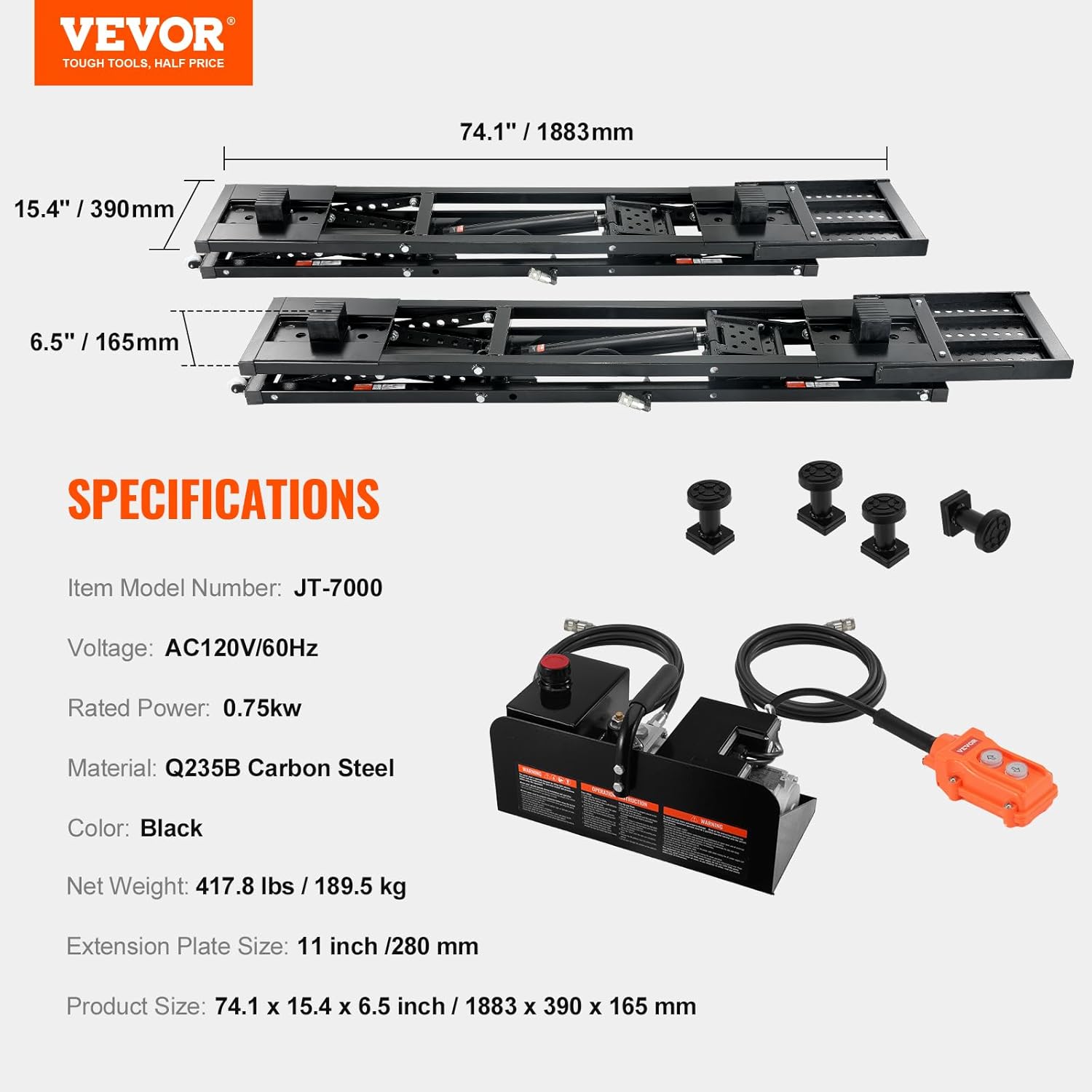 VEVOR Car Lift, 7,000 LBS  Portable Car Lift, 26.8" Max. Height, with Extended-Length Plates, Heavy-Duty Carbon Steel Truck Lift with 120V Power Unit