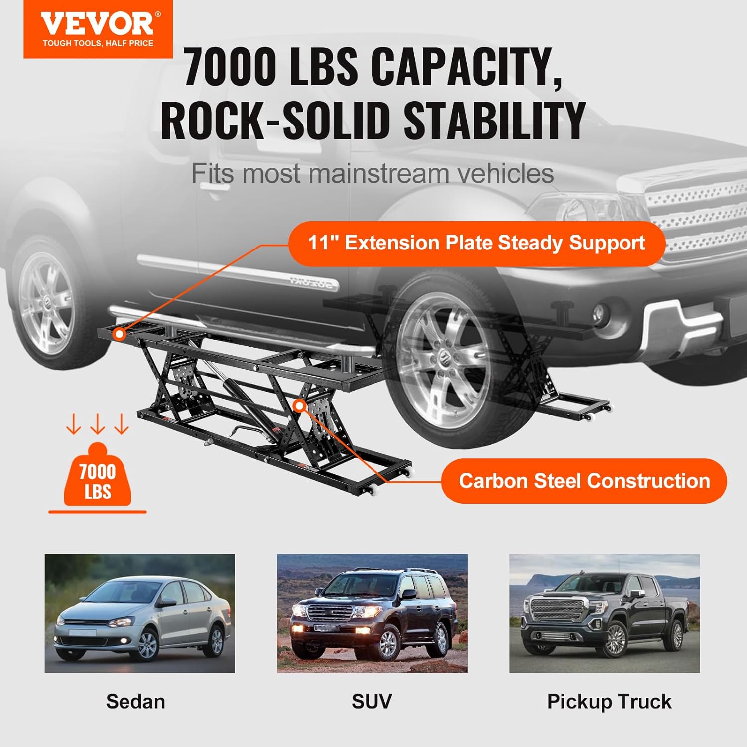 VEVOR Car Lift, 7,000 LBS  Portable Car Lift, 26.8" Max. Height, with Extended-Length Plates, Heavy-Duty Carbon Steel Truck Lift with 120V Power Unit