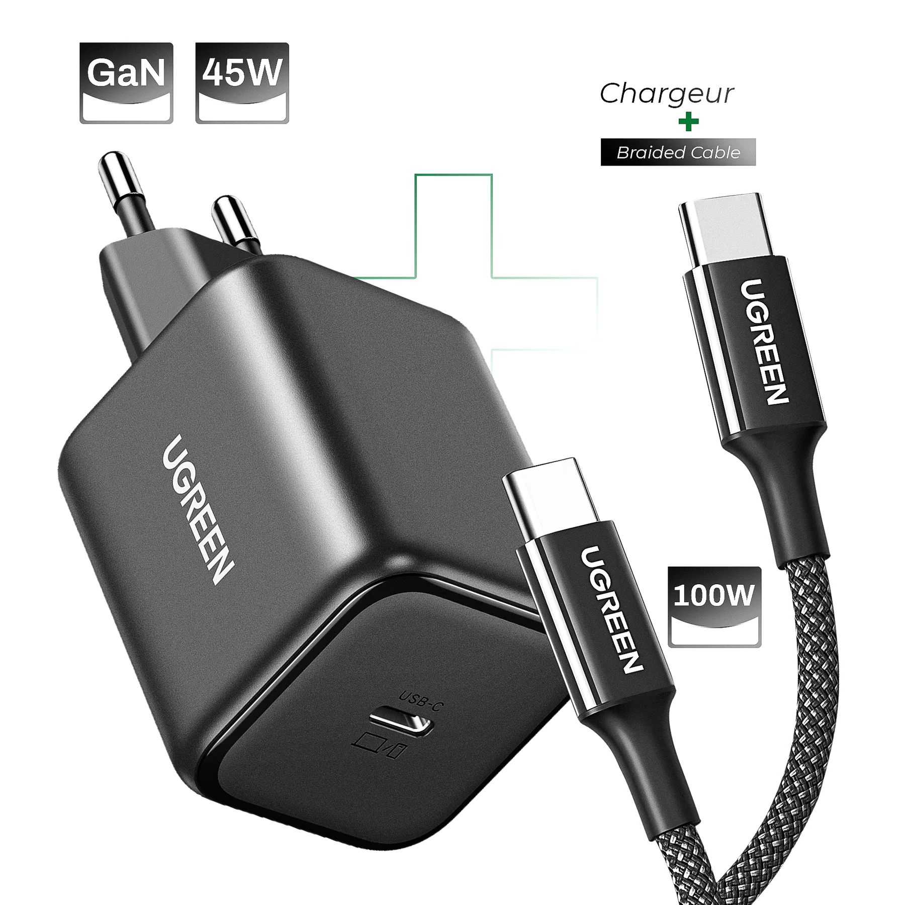 UGREEN   GaN   45W   Chargeur   rapide   USB-C   +   Câble   100w