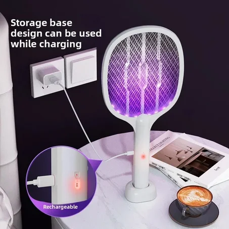 مضرب كهربائي لقتل البعوض 3 في 1 – شحن USB، ضوء UV بنفسجي، قاعدة ثابتة، حماية مزدوجة وأداء قوي