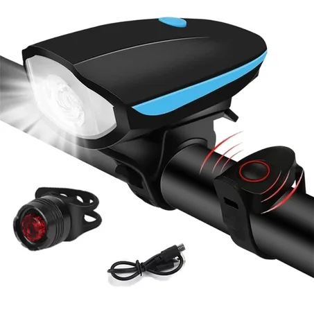 ضوء أمامي للدراجة مع بوق كهربائي – مقاوم للماء وقابل للشحن عبر USB، سطوع عالي 1200mAh