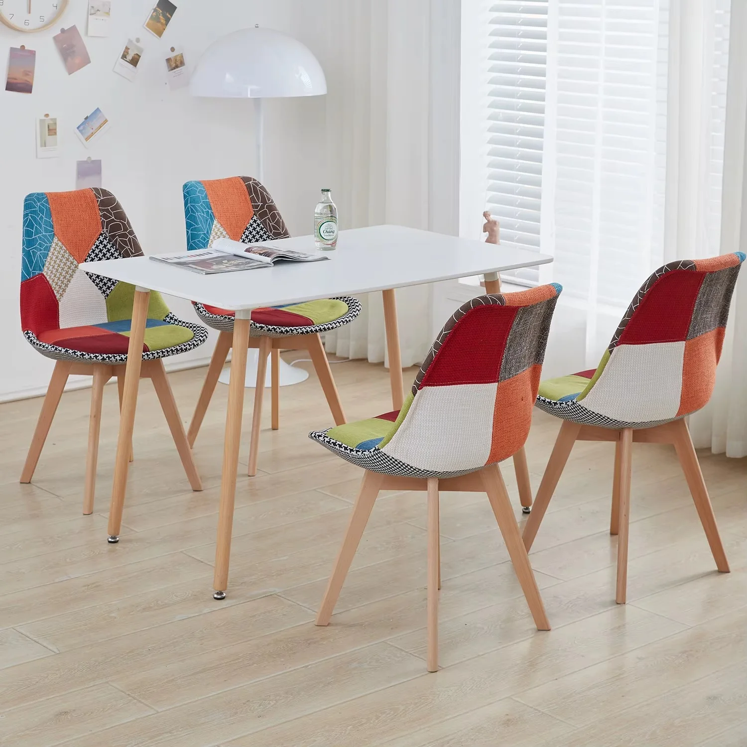 Set di 4 Sedie Patchwork Moderne – Sedie da Pranzo Ergonomiche in Legno e Tessuto