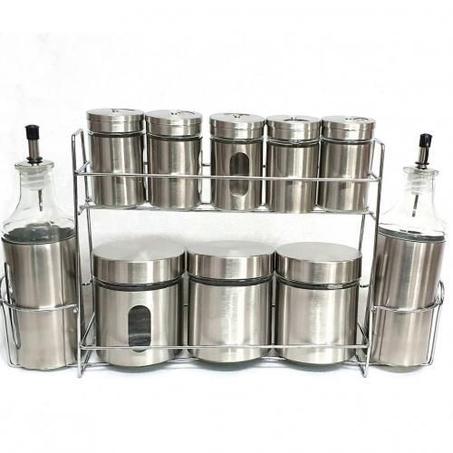 Set of 8 Spice Pots + 2 Oilers With Display Various Seasonings Sauces