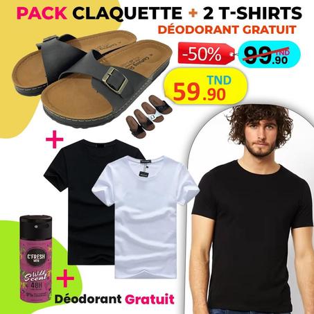 PROMOTION : PACK ESSENTIELS 4 PCS  PACK 2 T-SHIRTS NOIR ET BLANC  100% COTON + CLAQUETTE CAMPING + DEODORANT GRATUITE