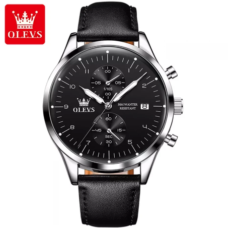 Montre OLEVS étanche pour Homme élégant bracelet en cuir veritable avec fermoir de Luxe Noir +  Surprise