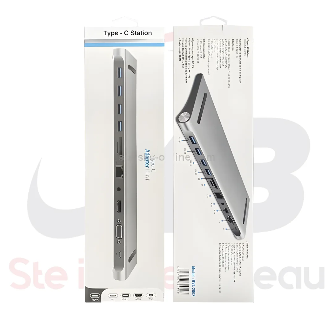 Adaptateur USB-C 11-en-1 MONDO BYL-2003 | HDMI 4K, RJ45, USB 3.0, SD/TF & PD