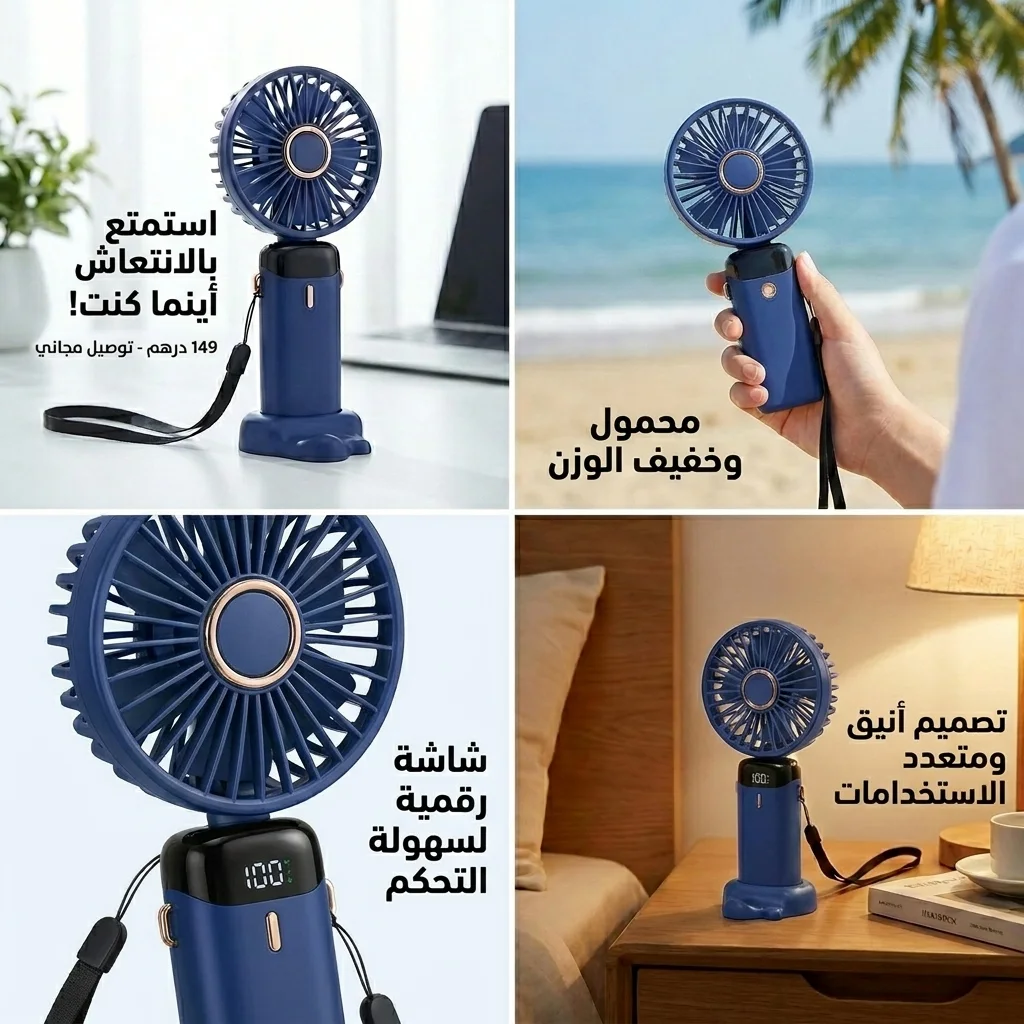 مروحة يدوية محمولة مع شاشة رقمية وقاعدة