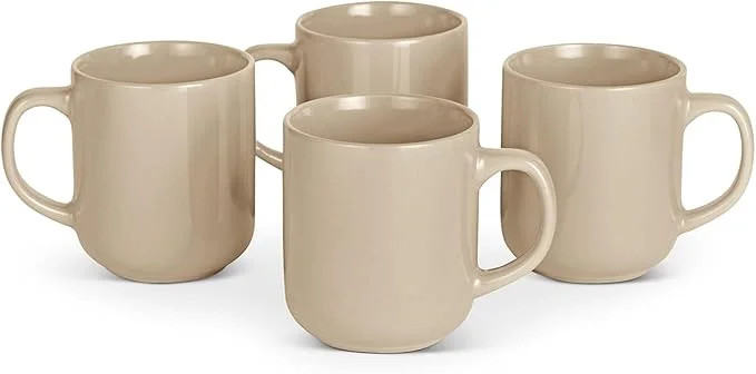 Basics Ceramic Coffee Mugs, Ceramic 4-Piece Set, 16 oz, Microwave and Dishwasher-Safe, Linen Gray