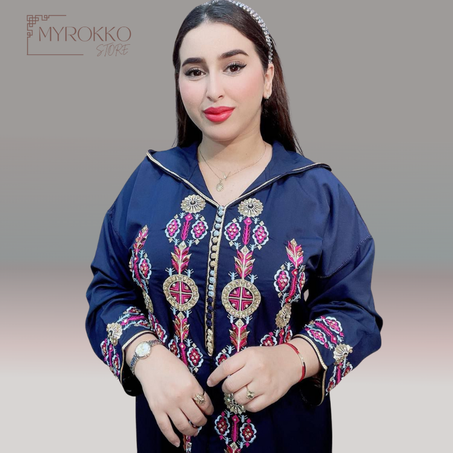 جلابة مخزنية كريپ بالتنبات والطرز الرباطي لون ازرق