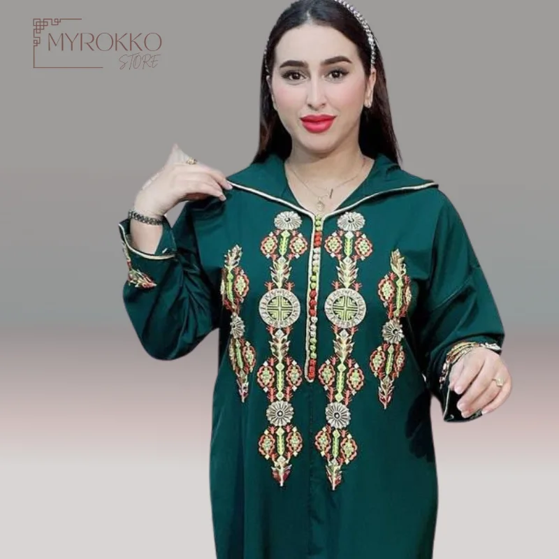 جلابة مخزنية كريپ بالتنبات والطرز الرباطي لون اخضر