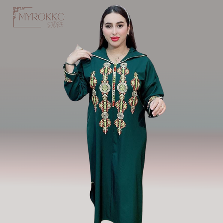 جلابة مخزنية كريپ بالتنبات والطرز الرباطي لون اخضر