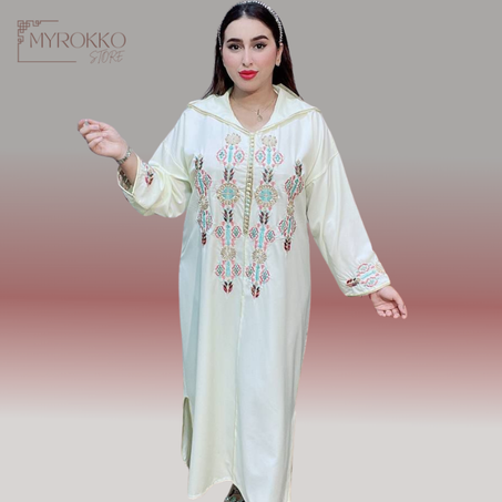 جلابة مخزنية كريپ بالتنبات والطرز الرباطي لون كريم