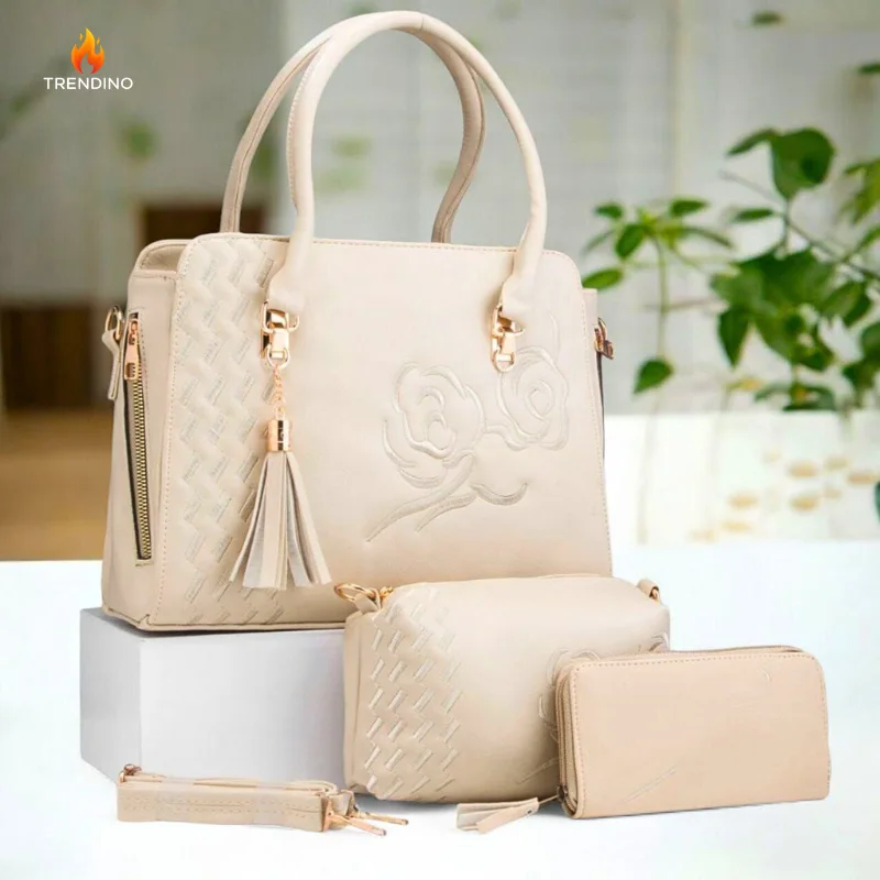 باك عبير الأناقة حقيبة جلدية بورود مطروزة+ محفظة صغيرة+ مزطام يدوي