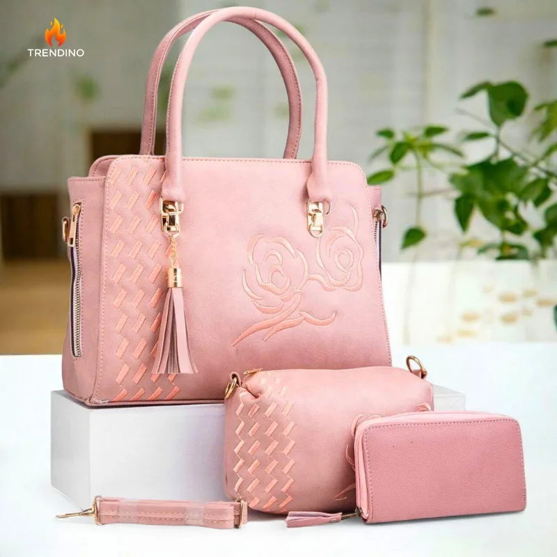 باك عبير الأناقة حقيبة جلدية بورود مطروزة+ محفظة صغيرة+ مزطام يدوي