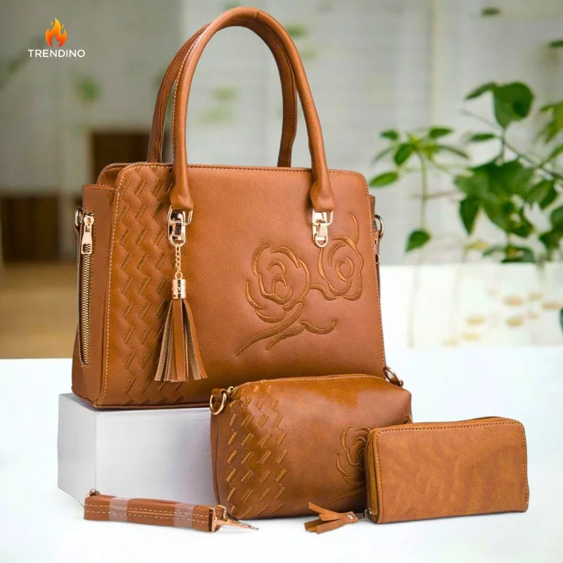 باك عبير الأناقة حقيبة جلدية بورود مطروزة+ محفظة صغيرة+ مزطام يدوي