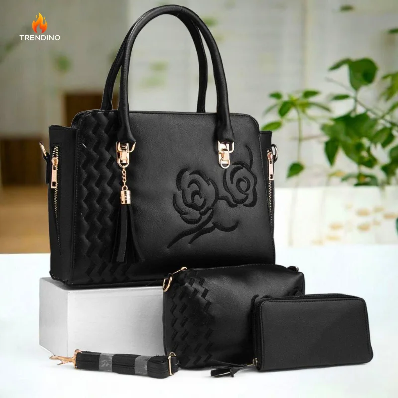 باك عبير الأناقة حقيبة جلدية بورود مطروزة+ محفظة صغيرة+ مزطام يدوي