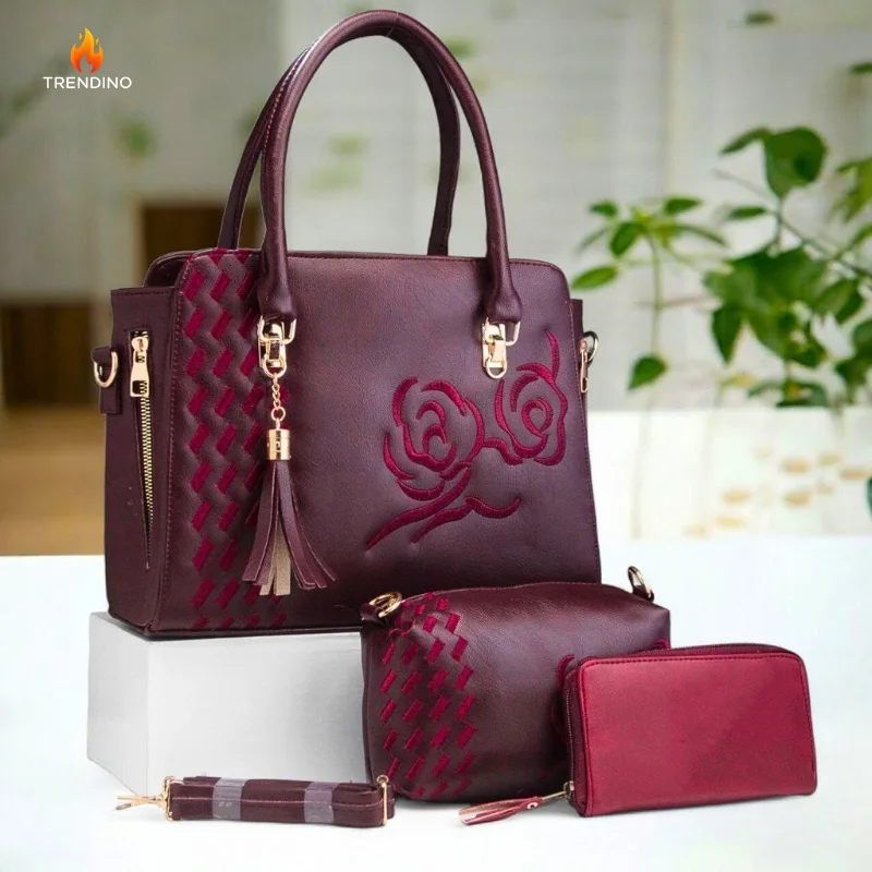 باك عبير الأناقة حقيبة جلدية بورود مطروزة+ محفظة صغيرة+ مزطام يدوي