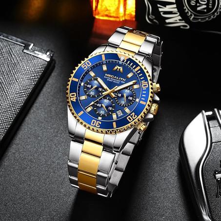 ميجاليث ساعات انالوج بعقارب ستانلس ستيل مقاومة للماء كرونوغراف عصرية كلاسيكية للتاريخ للرجال