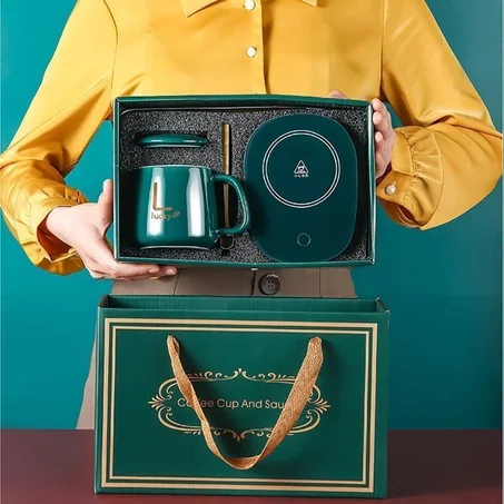 Coffret Cadeau Tasse Chauffant | Coffret Lucky™ 55°C : Tasse Chauffante en Céramique avec Base Intelligente & Cuillère (Pack Cadeau)