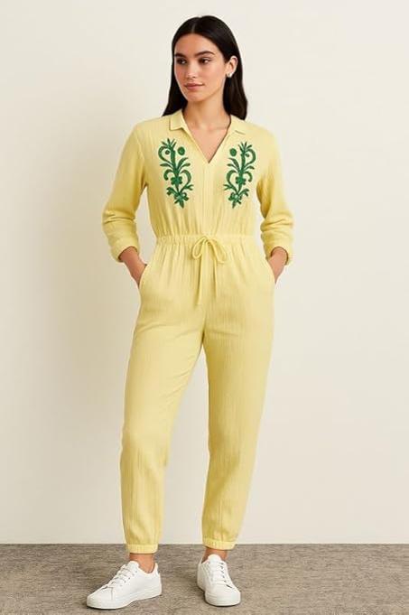 جمبسوت نسائي بفتحة رقبة على شكل حرف V وأكمام واسعة، جمبسوت أنيق كاجوال، فستان للنساء، للارتداء اليومي، أصفر، مقاس ميديم