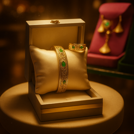 طقم بلاكيور فاخر بسوار وخاتم بنقوش وزخارف خضراء