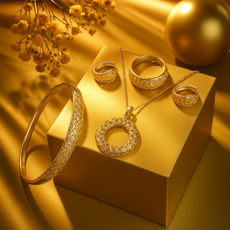 طقم مجوهرات ذهبي فاخر بنقوش هندسية – تألقي بأناقة ملكية