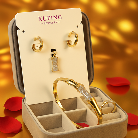 طقم Xuping الفاخر – تصميم ذهبي مرصع بالزركون الراقي