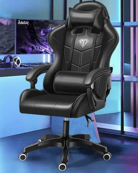 كرسي جيمنج من ويمارت للألعاب والمكتب والدراسة مع خاصية التدليك وإمكانية تعديل الارتفاع، مصنوع من جلد بي يو، أسود (copy)