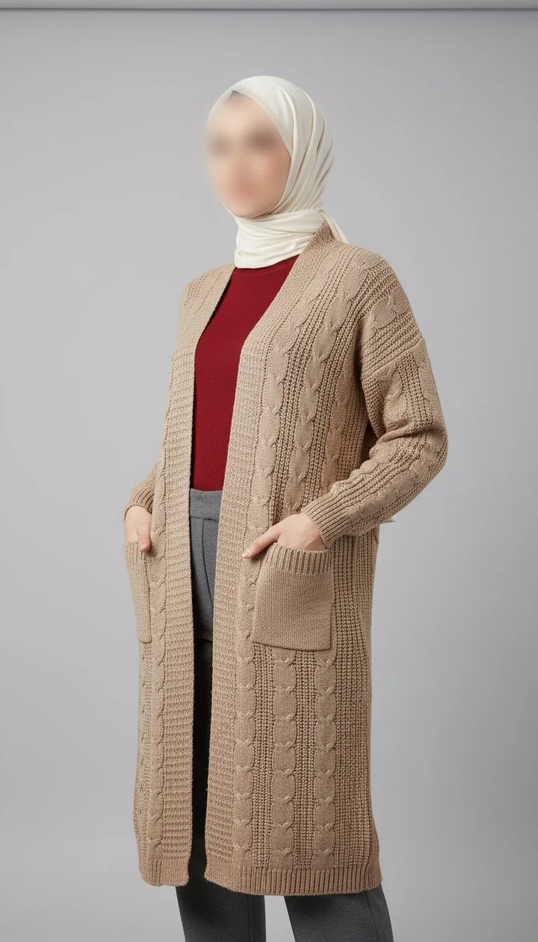 Gilet long en maille torsadée épaisse