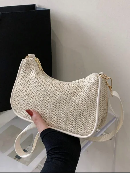 1 pièce Sac à bandoulière en papier tissé de couleur unicolore portable avec cordon de serrage