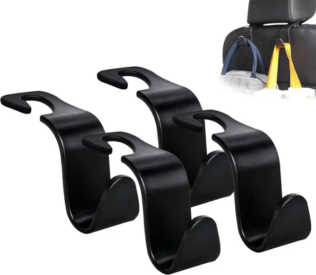 Amooca - Gancho para reposacabezas de asiento de coche, 4 unidades, organizador de almacenamiento universal para bolso de mano, abrigo, ajuste universal para vehículo, color negro tipo S